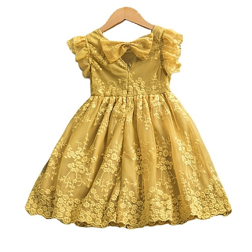 

vestido de niña pequeña para niños vestido de skater liso fiesta diario encaje amarillo hasta la rodilla manga corta elegante vestidos lindos día de los niños primavera verano delgado 2-8 años