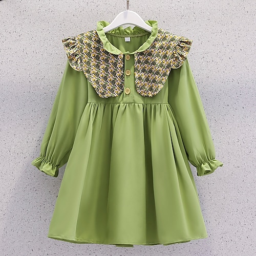 

Kids Girls' Dress Graphic Casual Dress Knee-length Dress School Patchwork Standing Collar Long Sleeve Daily Dress 3-12 Years Winter Green Yellow