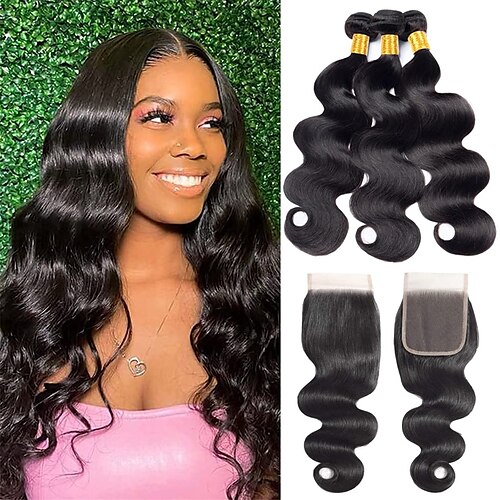 

body wave 3 bundter med blonde lukning 44 fri del 100 % ubearbejdet brasiliansk jomfru human hair extensions naturlig farve body wave bundter med lukning