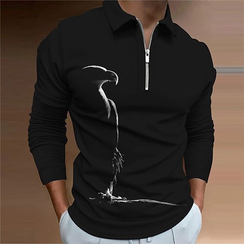 

Men's Collar Polo Shirt Golf Shirt Animal Graphic Prints Eagle Turndown Black Purple 3D Print Christmas Street Long Sleeve Zipper Print Clothing Apparel Fashion Designer Casual Soft