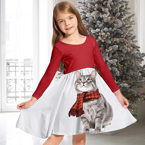 

Kids Girls' Christmas Dress Animal Casual Dress Above Knee Dress Christmas Gifts Crewneck Crew Neck Long Sleeve Adorable Dress 3-10 Years Winter Wine Red