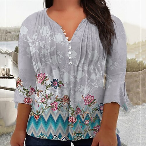 

Women's Plus Size Tops Blouse Shirt Floral Button Print 3/4 Length Sleeve V Neck Casual Daily Vacation Cotton Spandex Jersey Winter Fall Gray