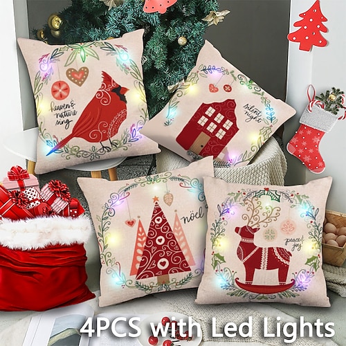 

Christmas Throw Pillow Cover LED Lights 4PC Soft Decorative Snowman Santa Claus Tree Gift Square Cushion Pillowcase for Bedroom Livingroom Sofa Couch Chair Superior Quality