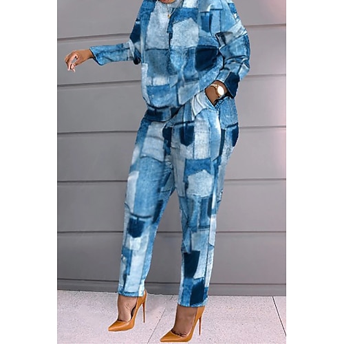 

Women's Plus Size Tops Set Color Block Print Long Sleeve Round Neck Fashion Modern Daily Vacation Polyester Winter Fall Blue