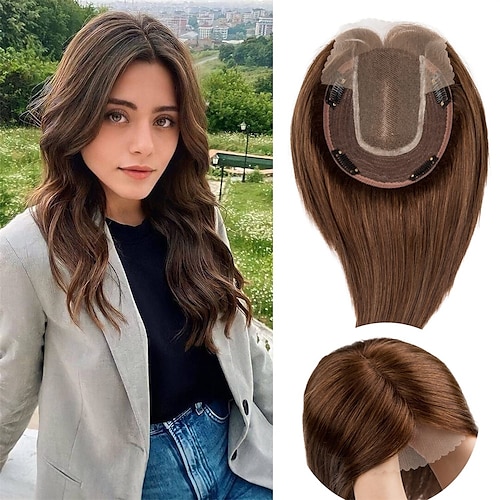 

Teresa Lace Front Hair Topper Mono Hairpiece Closure Clip in Human Hair Toppers 150% Density Hand Made Tied Hair Mono Base Top Hair Pieces For Women with Thinning Hair/Short Hair Add Hair Volume