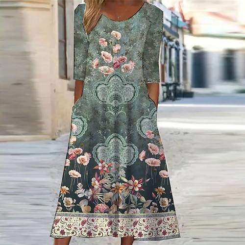 

Women's Casual Dress Shift Dress Midi Dress Green Blue Pink 3/4 Length Sleeve Floral Ruched Winter Fall Autumn 2022 S M L XL XXL 3XL