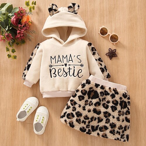 

2 Pieces Toddler Girls' Leopard Skirt & Hoodie Set Long Sleeve Active Outdoor 3-7 Years Winter Beige