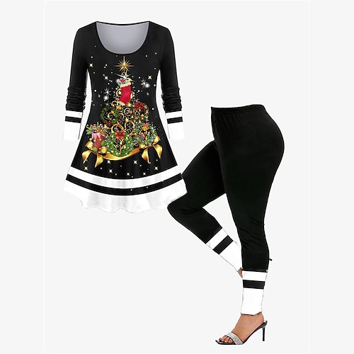 

Women's Plus Size Tops Set Christmas Tree Print Long Sleeve Crew Neck Casual Festival Christmas Daily Polyester Winter Fall Black