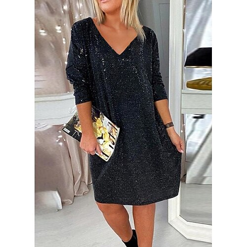 

Women's Casual Dress Sequin Dress Mini Dress Black 3/4 Length Sleeve Pure Color Sequins Winter Fall Autumn V Neck Modern Weekend 2022 S M L XL XXL 3XL