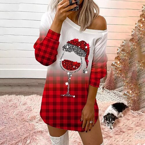 

Women's Christmas T Shirt Dress Tee Dress Shift Dress Mini Dress Red Long Sleeve Plaid Print Winter Fall Autumn Crew Neck Loose Fit 2022 S M L XL XXL
