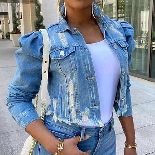 

cross-border supply ebay amazon wish short frayed denim jacket women puff sleeve denim jacket