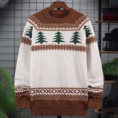 

Men's Sweater Ugly Christmas Sweater Pullover Sweater Jumper Ribbed Knit Cropped Knitted Tree Crew Neck Keep Warm Modern Contemporary Christmas Work Clothing Apparel Fall & Winter Beige S M L