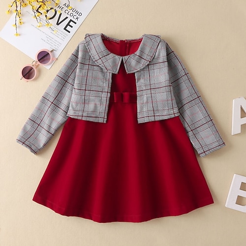 

Kids Girls' Dress Plaid A Line Dress Dress Performance Crew Neck Long Sleeve Active Dress 3-7 Years Winter Red