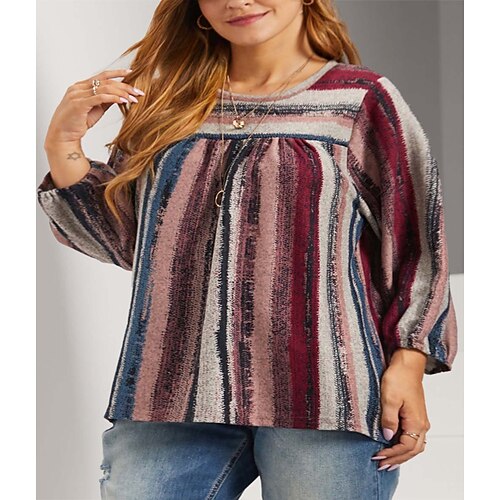 

Women's Plus Size Tops Blouse Color Block Print Long Sleeve Crew Neck Fashion Modern Vacation Going out Polyester Winter Fall Rose Red