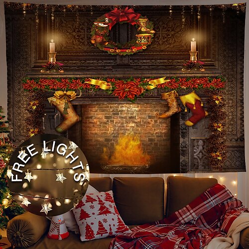 

Christmas Santa Claus Holiday Party Wall Tapestry Art Decor Photo Background Backdrop Blanket Hanging Home Bedroom Living Room Dorm Decoration Fireplace Stocking Gift Polyester(with LED Lights)