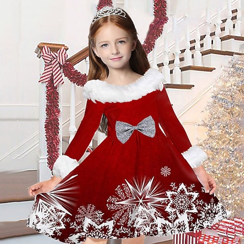 

Kids Girls' Christmas Dress Snowflake Casual Dress Above Knee Dress Christmas Gifts Fur Trim Crew Neck Long Sleeve Adorable Dress 2-13 Years Winter Wine Red