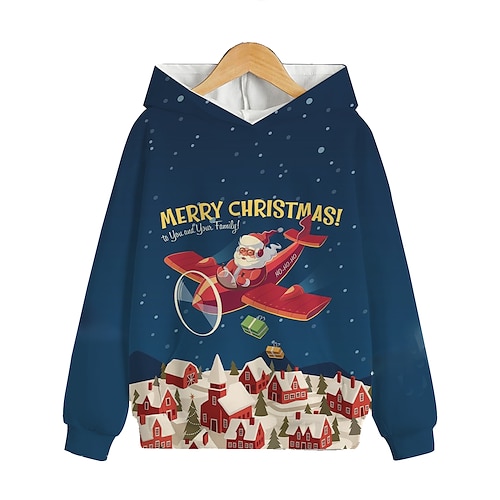 

Kids Boys Christmas Hoodie Pullover Graphic Santa Claus Long Sleeve Pocket Children Top Outdoor Hoodie Active Cute Blue Winter 7-13 Years