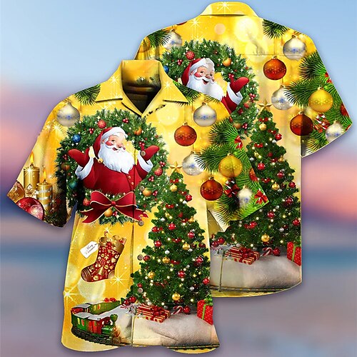 

Men's Shirt Santa Claus Graphic Prints Turndown Blue Yellow 3D Print Christmas Street Short Sleeve Button-Down Print Clothing Apparel Fashion Designer Casual Breathable