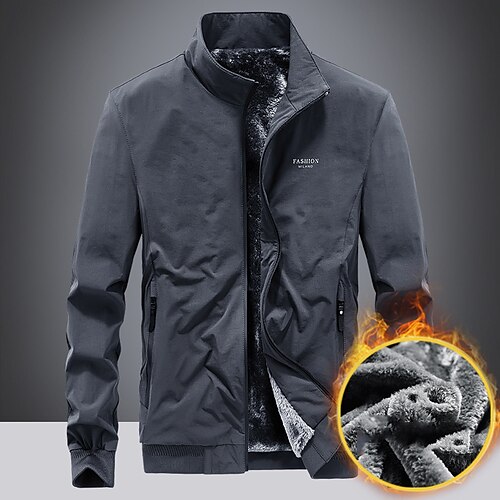 

Men's Winter Jacket Fleece Jacket Winter Coat Warm Daily Wear Vacation Going out Zipper Standing Collar Comfort Leisure Jacket Outerwear Solid / Plain Color Zipper Pocket Black Blue khaki