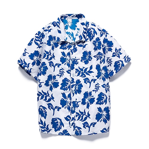 

Men's Shirt Summer Hawaiian Shirt Button Up Shirt Beach shirt Plants Graphic Prints Turndown Blue red Black Blue / White 3D Print Outdoor Street Short Sleeves Button-Down Print Clothing Apparel