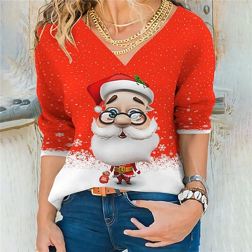 

Women's Plus Size Christmas Tops T shirt Tee Santa Claus Snowflake Print Long Sleeve V Neck Casual Festival Daily Polyester Winter Fall Green Black