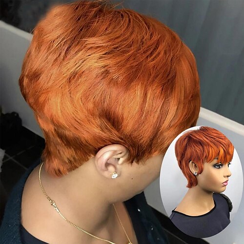

Orange Colored 99j Red Full Machine Made Human Hair Brazilian Wig Short Straight Bob Pixie Cut Wig With Bang Non Lace