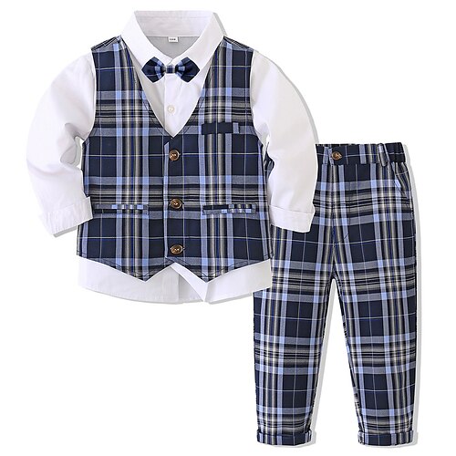 

3 Pieces Toddler Boys Shirt & Pants Outfit Plaid Long Sleeve Set Outdoor Basic Fall Spring 3-7 Years Blue