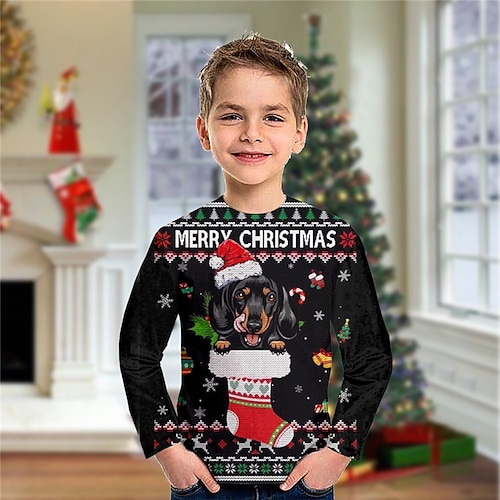 

Toddler Boys Ugly Christmas T shirt Tee Animal Dog Letter Long Sleeve Crewneck Children Top Casual 3D Print Cute Daily Winter Fall Black 7-13 Years
