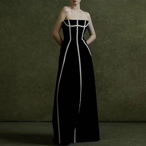 

A-Line Evening Gown Corsets Dress Formal Floor Length Sleeveless Strapless Stretch Fabric with Pearls 2022