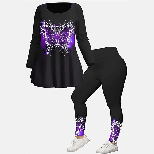 

Women's Plus Size Tops Set Animal Butterfly Print Long Sleeve Crew Neck Casual Daily Going out Polyester Winter Fall Purple