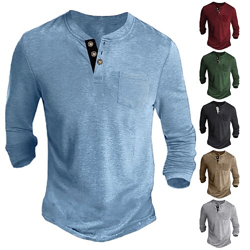 

Men's Henley Shirt Tee Solid Color Henley Green Black Blue Wine Army Green Casual Holiday Long Sleeve Button-Down Clothing Apparel Fashion Designer Comfortable Essential