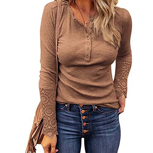

Women's Blouse Khaki Gray Plain Patchwork Long Sleeve Casual Holiday Casual Round Neck Regular S