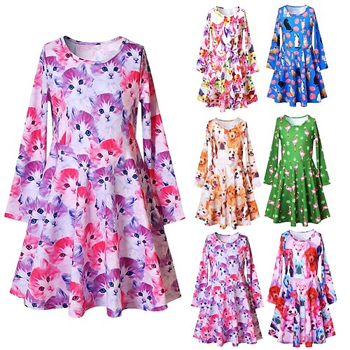 

Kids Girls' Dress Animal A Line Dress Midi Dress Casual Cotton Long Sleeve Adorable Dress 2-13 Years Winter Light Blue Green Purple