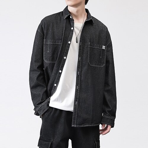 

Men's Denim Shirt Solid Colored Turndown Black Blue Light Blue Street Daily Long Sleeve Button-Down Clothing Apparel Fashion Casual Comfortable