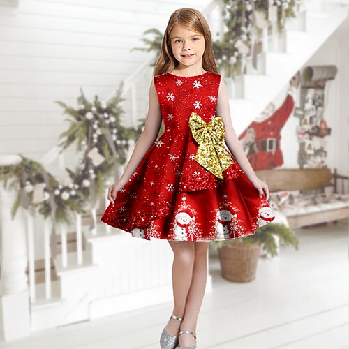 

Kids Girls' Christmas Dress Snowman Swing Dress Knee-length Dress Christmas Gifts Ruffle Crew Neck Sleeveless Elegant Dress 2-13 Years Winter Wine