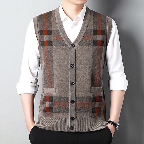 

Men's Sweater Vest Ribbed Knit Pocket Knitted Color Block V Neck Modern Contemporary Leisure Daily Wear Going out Clothing Apparel Sleeveless Spring & Fall Burgundy Camel M L XL