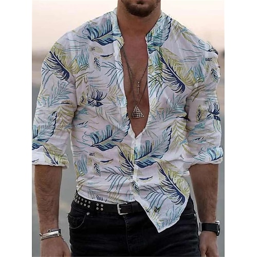 

Men's Shirt Graphic Prints Leaves Stand Collar Blue 3D Print Outdoor Daily Short Sleeve Button-Down Print Clothing Apparel Tropical Fashion Hawaiian