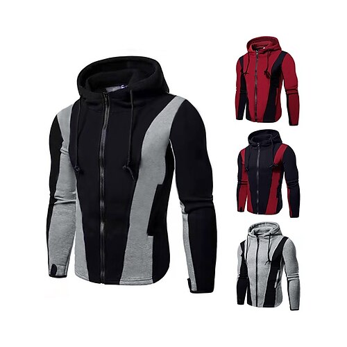 

Men's Running Jacket Hoodie Jacket Full Zip Long Sleeve Top Athletic Athleisure Winter Spandex Thermal Warm Windproof Breathable Running Walking Jogging Sportswear Activewear Color Block Red / black