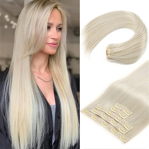 

Clip in Hair Extensions 24 Hair Extensions 5PCS Thick Long Straight Lace Weft Lightweight Synthetic Hairpieces for Women (24 Inch-240 Gram(Pack of 5) Platium Blonde)
