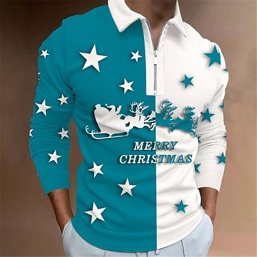 

Men's Collar Polo Shirt Golf Shirt Letter Santa Claus Elk Graphic Prints Turndown Blue 3D Print Christmas Street Long Sleeve Zipper Print Clothing Apparel Fashion Designer Casual Soft