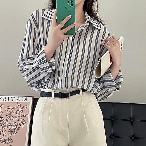 

ou mowei early autumn new simple temperament white striped long-sleeved shirt women's large size loose outer wear t-shirt women