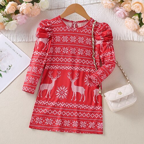 

Kids Girls' Christmas Dress Elk A Line Dress Above Knee Dress Outdoor Crew Neck Long Sleeve Active Dress 3-7 Years Winter Red