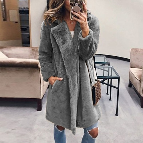 

Women's Winter Jacket Winter Coat Faux Fur Coat Windproof Warm Street Daily Wear Vacation Going out Pocket Cardigan Turndown Elegant Lady Modern Street Style Solid Color Regular Fit Outerwear Long