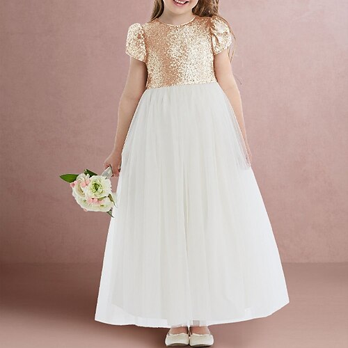 

Wedding Party A-Line Flower Girl Dresses Jewel Neck Floor Length Tulle Sequined with Splicing Paillette Elegant Sparkle & Shine Cute Girls' Party Dress Fit 3-16 Years