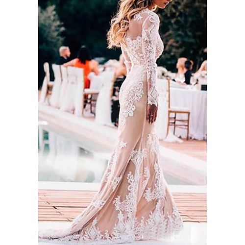 

Mermaid / Trumpet Wedding Dresses Jewel Neck Court Train Lace Tulle Long Sleeve Boho Sexy with Appliques 2022