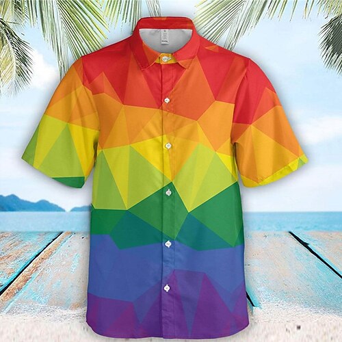 

Men's Shirt Graphic Prints Geometry Turndown Rainbow 3D Print Outdoor Street Short Sleeves Button-Down Print Clothing Apparel Tropical Designer Casual Hawaiian