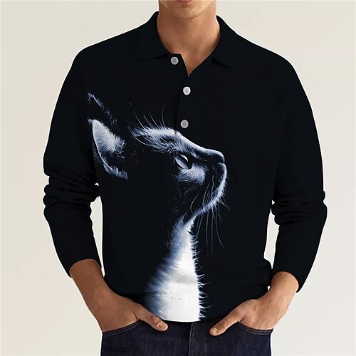 

Men's Polo Shirt Golf Shirt Animal Cat Graphic Prints Turndown Blue Gray 3D Print Outdoor Street Long Sleeve Button-Down Print Clothing Apparel Fashion Designer Casual Soft