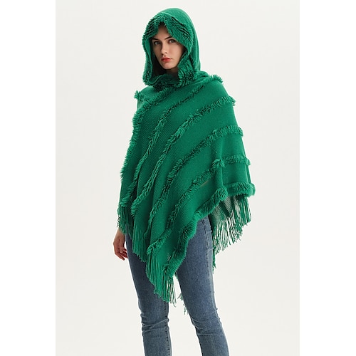 

Mujer Camisa se encoge de hombros Negro Vino Verde Ejército Plano Borlas Manga Larga Casual Ponchos Capas Con Capucha Tamaño Único
