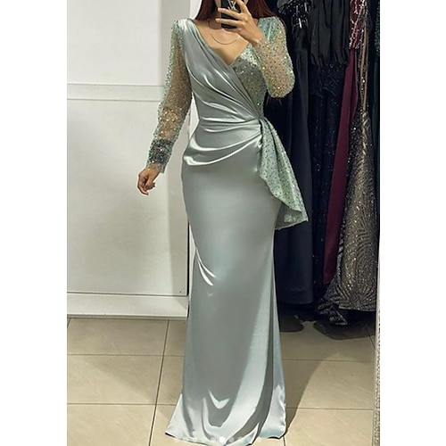 

Mermaid / Trumpet Evening Gown Sexy Dress Formal Floor Length Long Sleeve V Neck Charmeuse with Ruched Pearls 2022