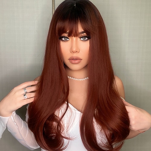 

26 Inch Synthetic Wig Red Brown Long Wavy Hair With Bangs Fashion Daily Party Cosplay Ladies Wig